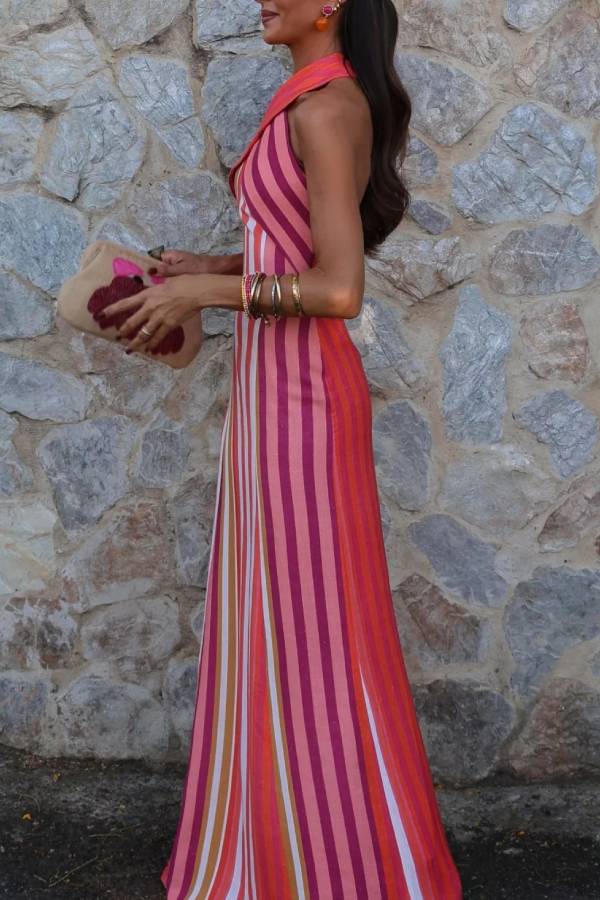 Sunset Breeze Linen Blend Colorful Stripes Cross Halter Flare Maxi Dress