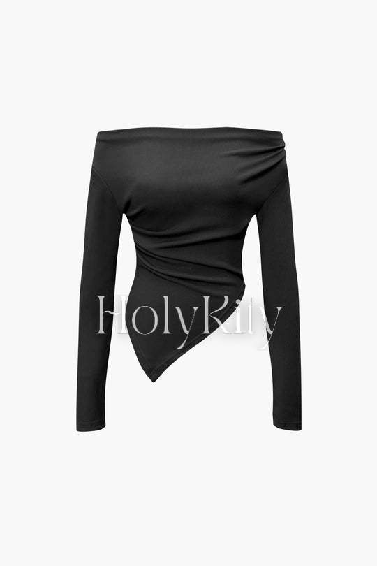 Ensemble haut asymétrique froncé à épaules dénudées et pantalon droit 