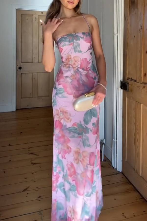 Watercolor Floral Spaghetti Strap Waist-Cinched Maxi Dress