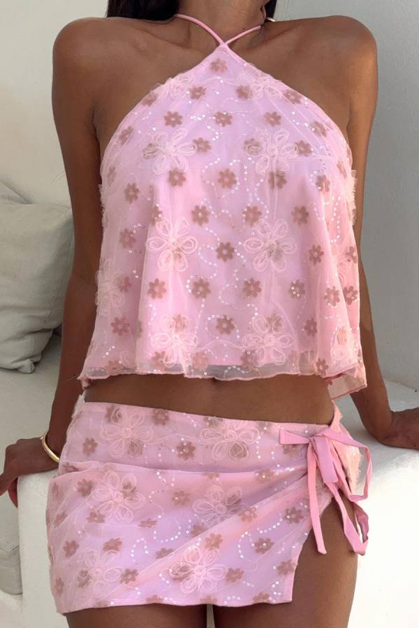 Cherry Blossom Pink Sequin Floral Halter Neck Skirt Set