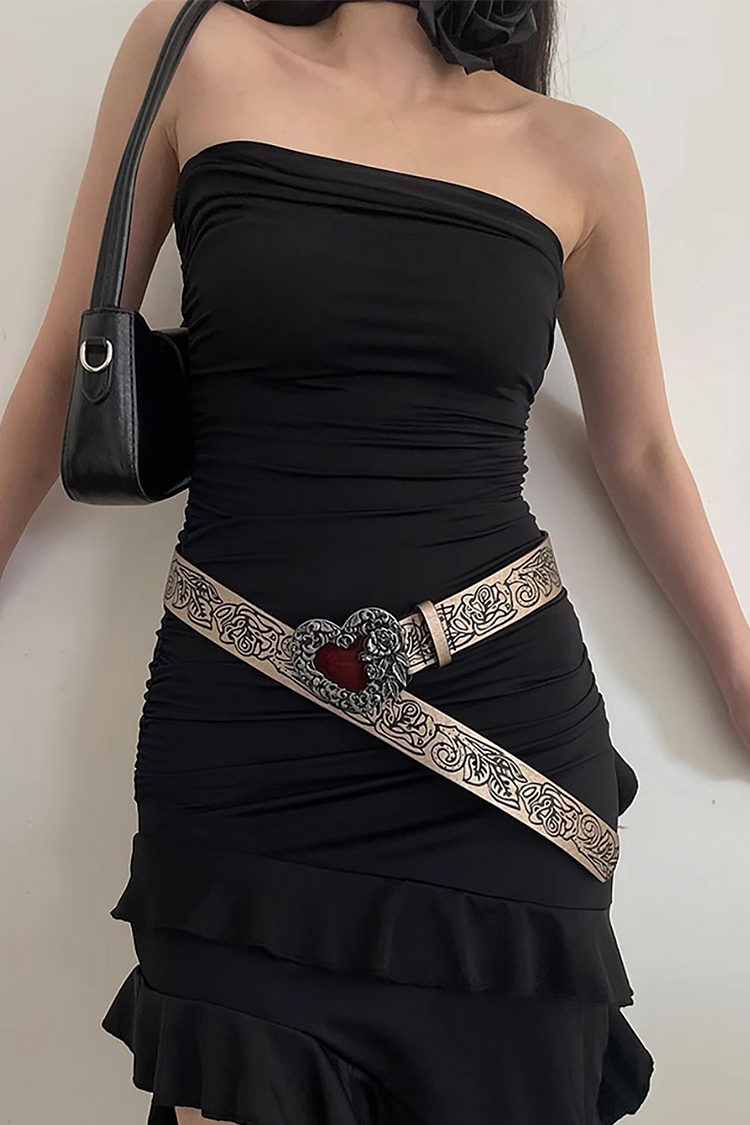 Graphic Print Heart-Shaped Metallic Decor Retro Belt-Brown