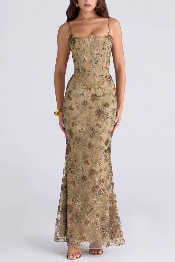 Heavy Beaded Embroidered Spaghetti Strap Mermaid Evening Gown
