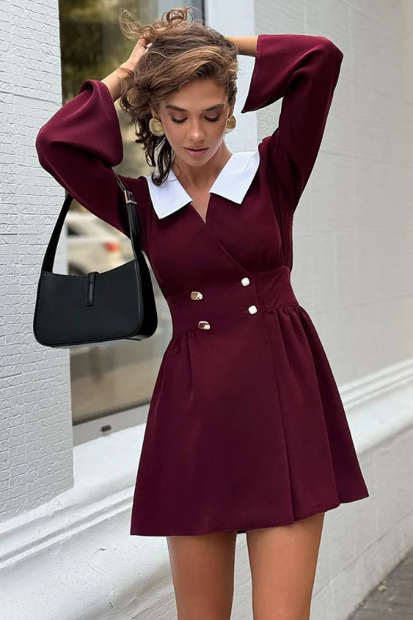 Color Block Cinch Waist Turndown Collar Mini Dresses-Burgundy[Pre Order]