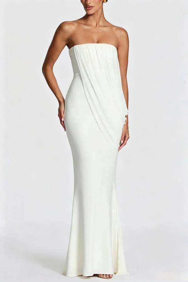 Vienna Modal Jersey Ruched Asymmetric Draped Mesh Strapless Maxi Dress