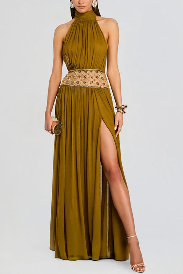 Kreeli Lightweight Tulle High Tie-up Neck Beaded Embellishment Waist Backless Slit Maxi Dress