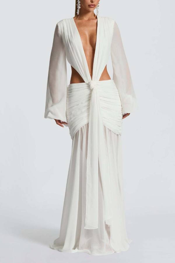 Deep V Lantern Sleeve Chiffon Cutout Maxi Evening Dress