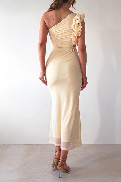 Frill One Shoulder Sleeveless Cut Out Waist Mesh Maxi Dress