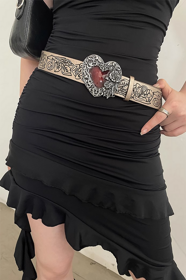 Graphic Print Heart-Shaped Metallic Decor Retro Belt-Brown