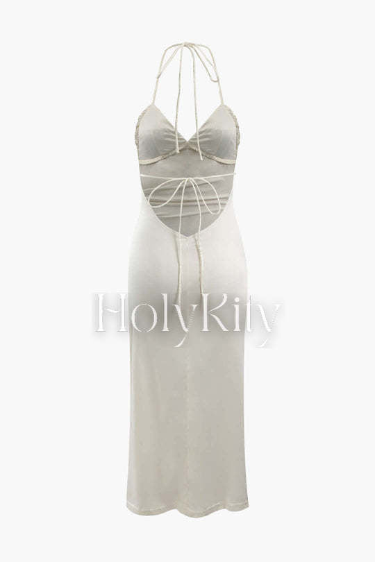 Ruched Bust Satin Halter Slit Maxi Dress