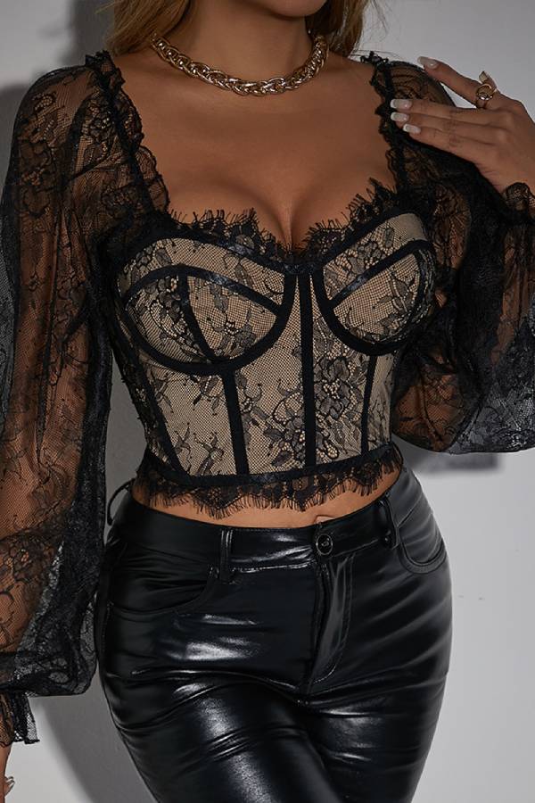 Lace Lantern Sleeve Cropped Top