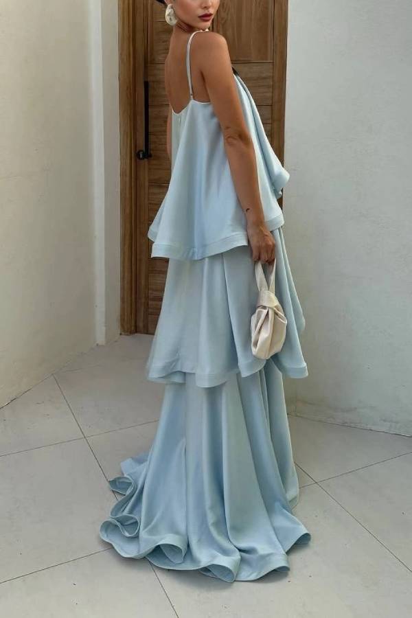 Elegant Three-layer Ruffle Sling Maxi Dress
