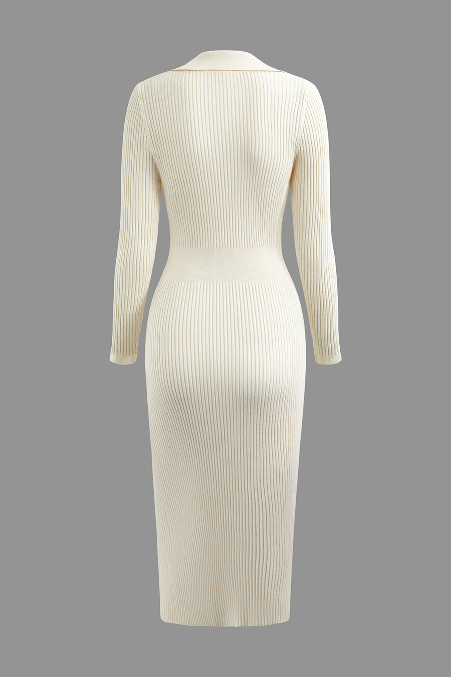 V-Ausschnitt, Rippstrickkragen, Knopfleiste, Langarm-Midikleid 