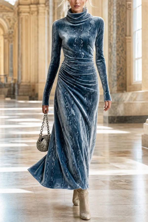 Blue Snake Print Velvet Turtleneck Long Sleeve Maxi Dress