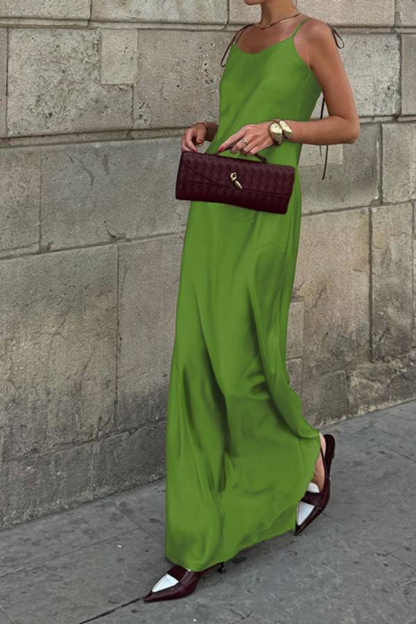 Thin Tie Strap Open Back Glossy Satin Slip Maxi Dress