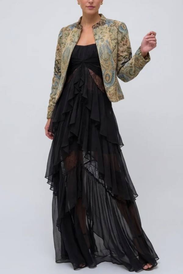 Vintage Brocade Cropped Jacket and Ruffle Maxi Dress Two Piece Set