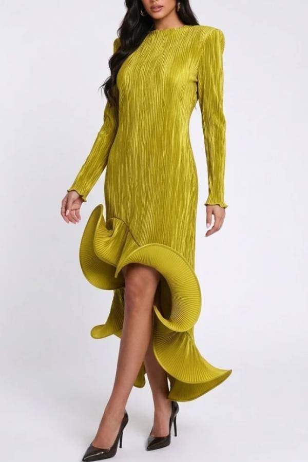 Long Sleeve Pleated High Low Dress with Sculptural Ruffle Hem