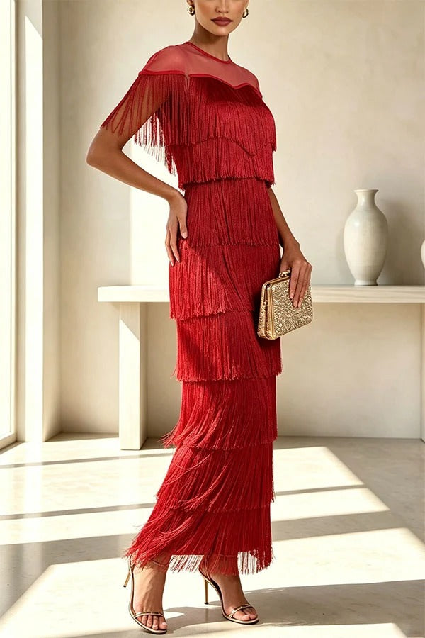 Elowyn Mesh Tiered Tassel Patchwork Round Neck Cape Sleeve Midi Dress