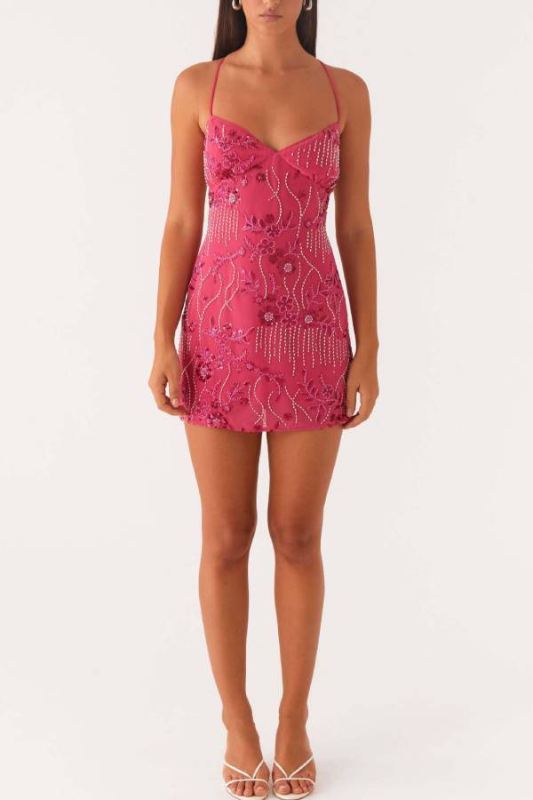 Crisscross Open Back Tie Mini Dress, V Neck Spaghetti Strap Floral Sequin Beaded Mesh Bodycon Party Dress