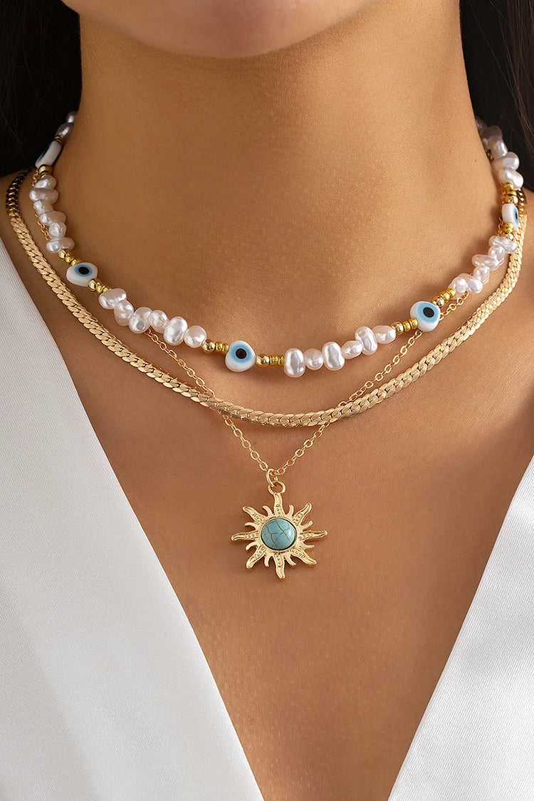 Perlen Kette Tribal Sonne Dekor Perle Mehrlagige Vintage Halskette