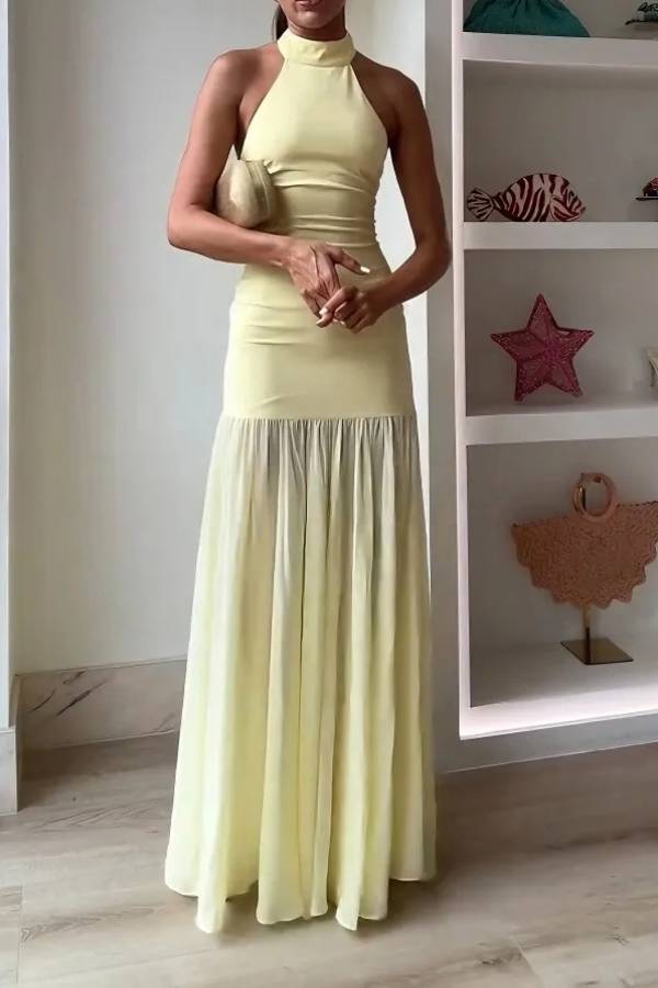 Elegant Halter Neck Ruched Drop Waist Maxi Dress
