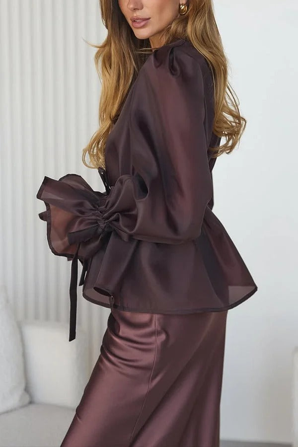 Graceful Party Tulle Knotted Long Sleeve Kimono Top and Satin Slip Midi Dress Set