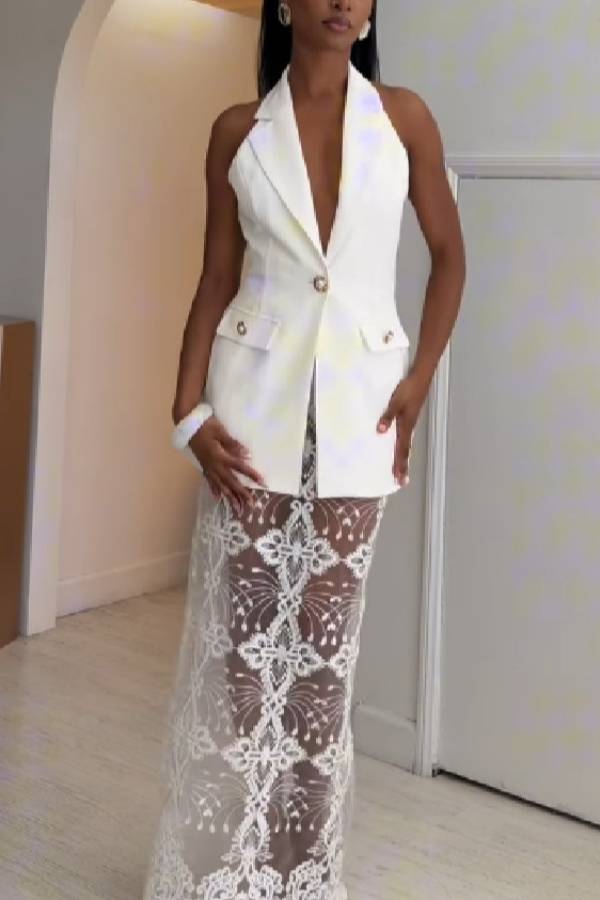 Halter Blazer Vest & Sheer Lace Maxi Skirt Two‑Piece Set