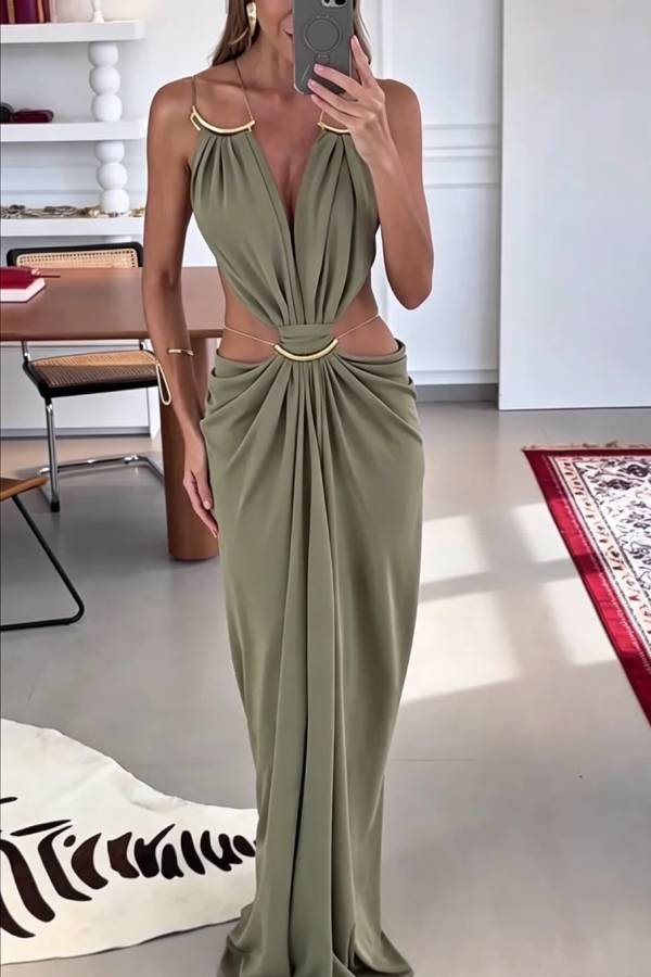 Athena Metal-Link Cutout Design Back Lace-up Drape Maxi Dress