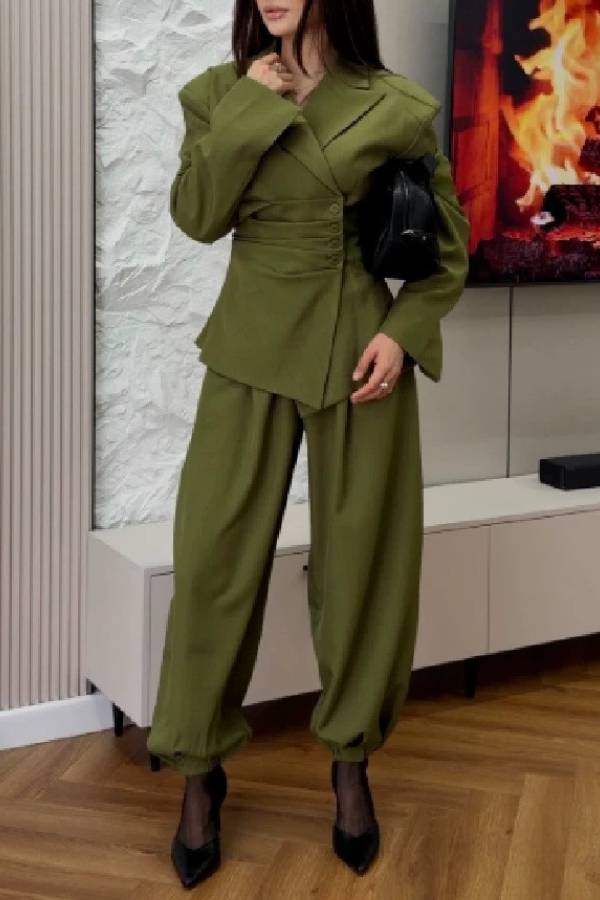 Waist‑Cinched Blazer Set, Structured Blazer & Cuffed Harem Pants Two‑Piece Outfit