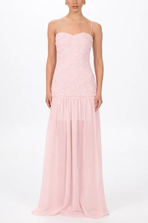 Stylish Three-dimensional Floral Chiffon Patchwork Strapless Elegant Maxi Dress