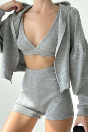 Solid Bra top And Zip Up Hoodie And Biker Shorts 3pc Set