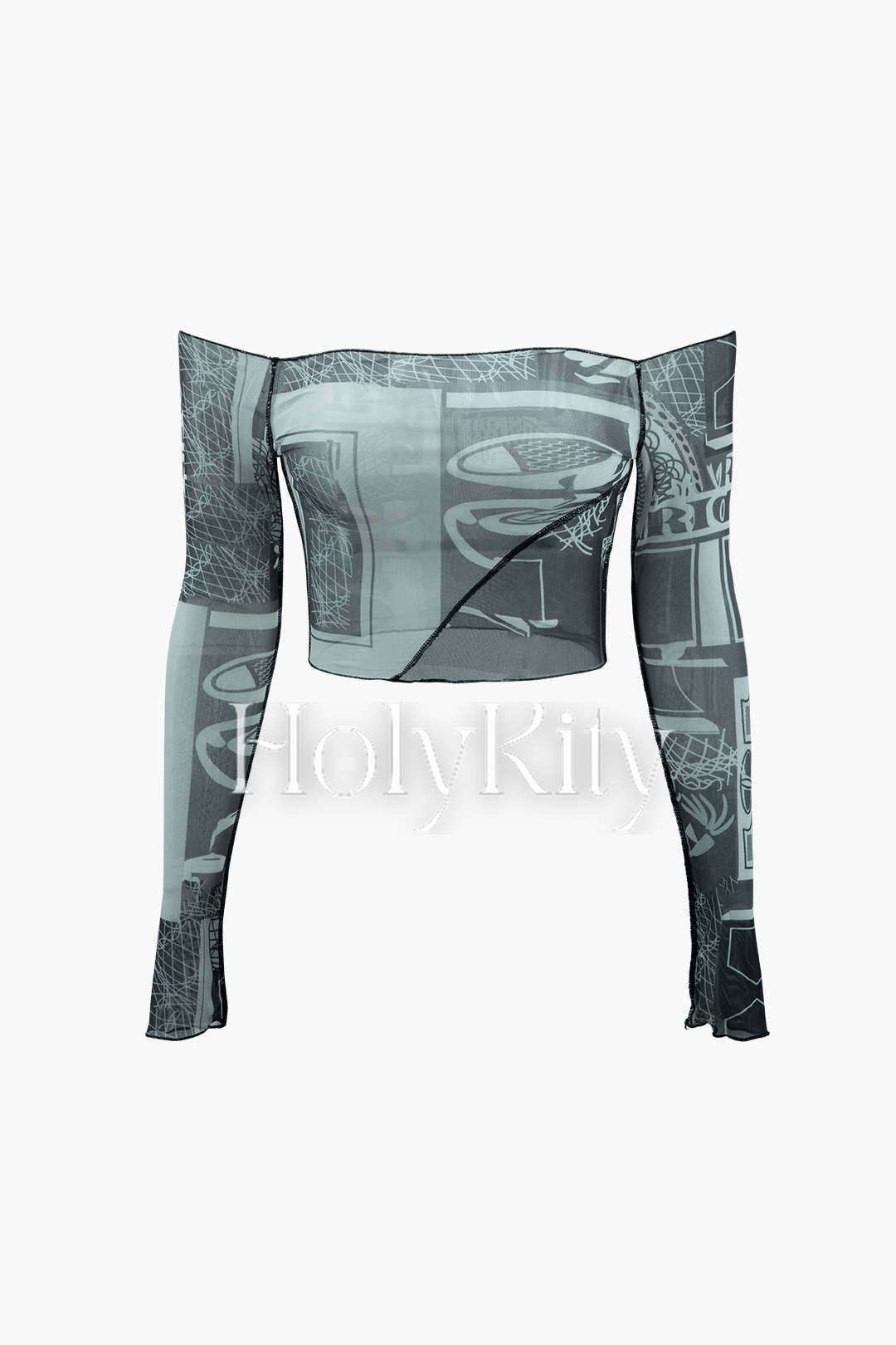 Abstract Print Mesh Off Shoulder Top