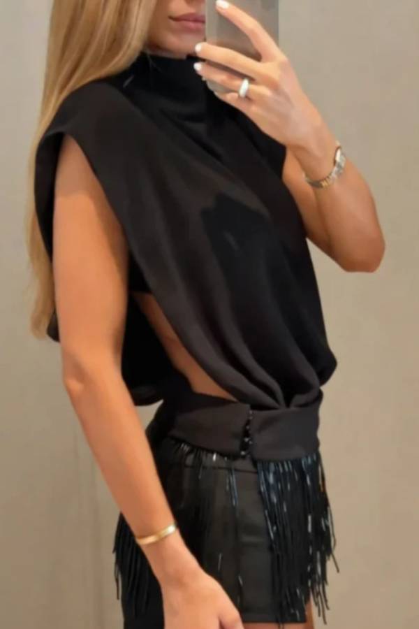 Satin High-Neck Open-Back Top & Fringe Shorts Set