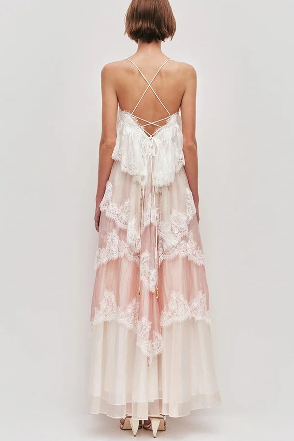 Caroline Gradient Layered Lace Trim Tiers Adjustable Straps Backless A-line Maxi Dress