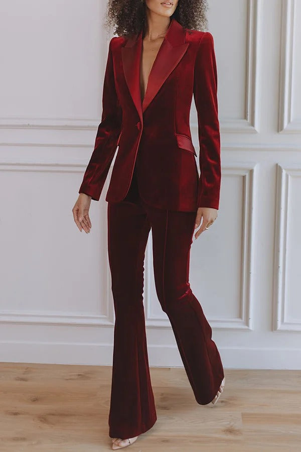 Delicate Daze Velvet Satin Lapel Button Up Long Sleeve Tapered Waist Blazer