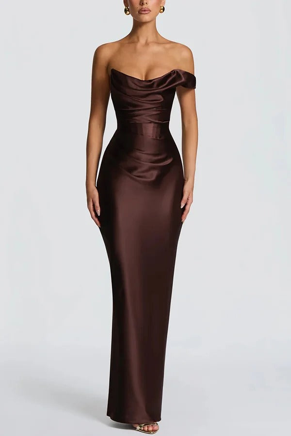 Thalassa Satin One Shoulder Scooped Neck Bias Cut Pleated Maxi Dress