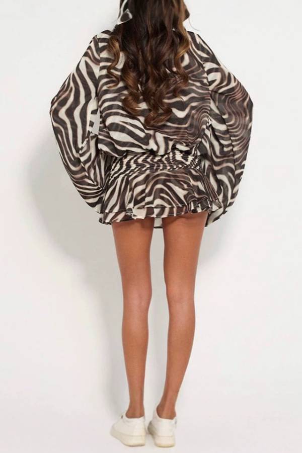 Zebra Print Deep‑V Bell Sleeve Ruffle Mini Dress