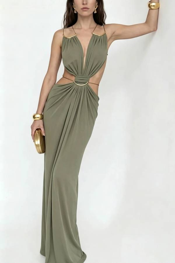 Athena Metal-Link Cutout Design Back Lace-up Drape Maxi Dress