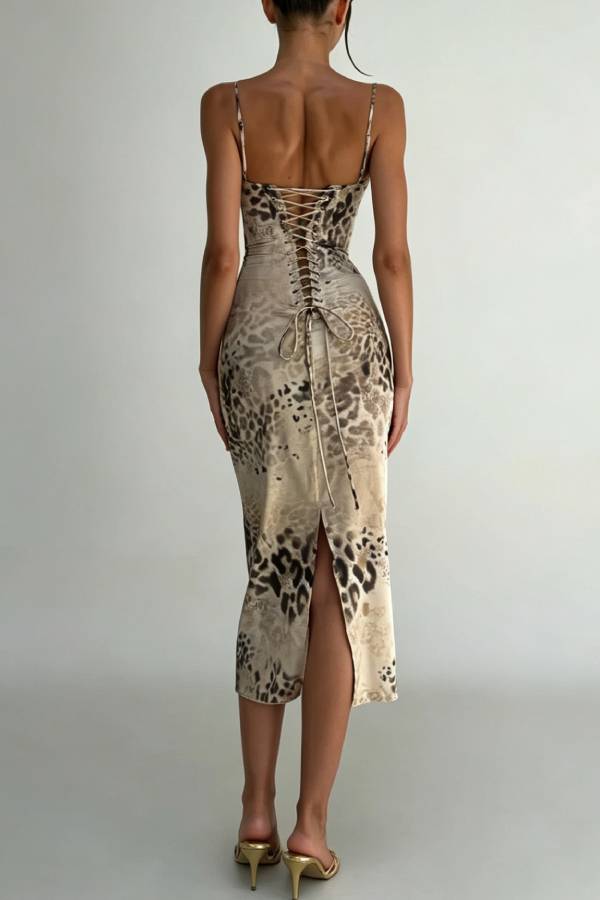 Satin Leopard Lace-Up Back Slit Midi Dress