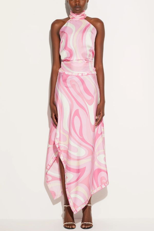 Ansela Satin Unique Print Halter Scarf Tank and Asymmetrical Maxi Skirt Set