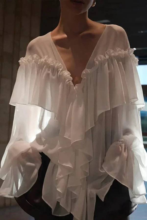French Deep‑V Tiered Ruffle Sheer Chiffon Long‑Sleeve Blouse
