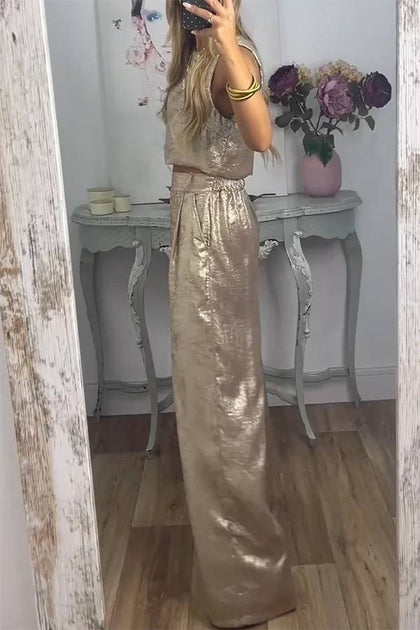 Rita Metallic Fabric Back Buttons Crop Tank and Elastic Waist Pocketed ...
