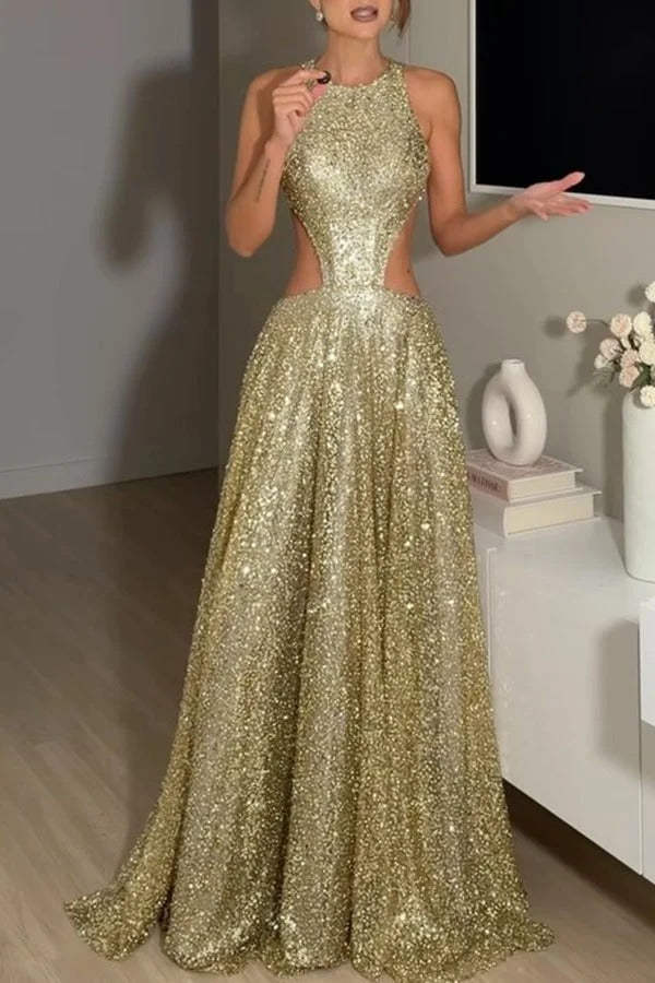 Dazzling Night Sequin Crew Neck Cutout Waist Open Back Flare Maxi Dress