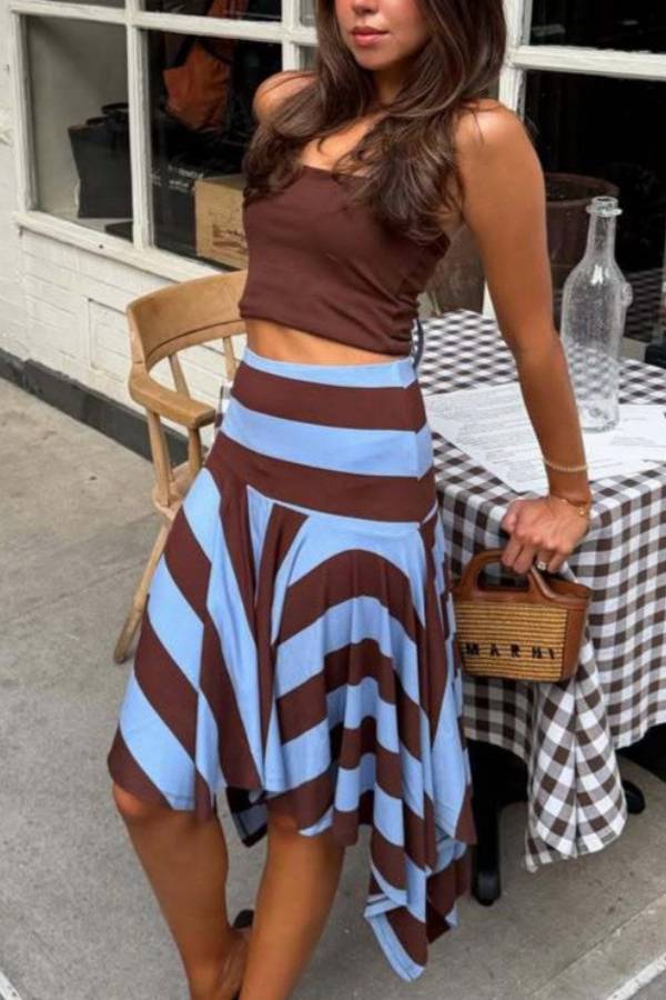 Color‑Block Stripe Halter Top & Asymmetrical Skirt Two‑Piece Set