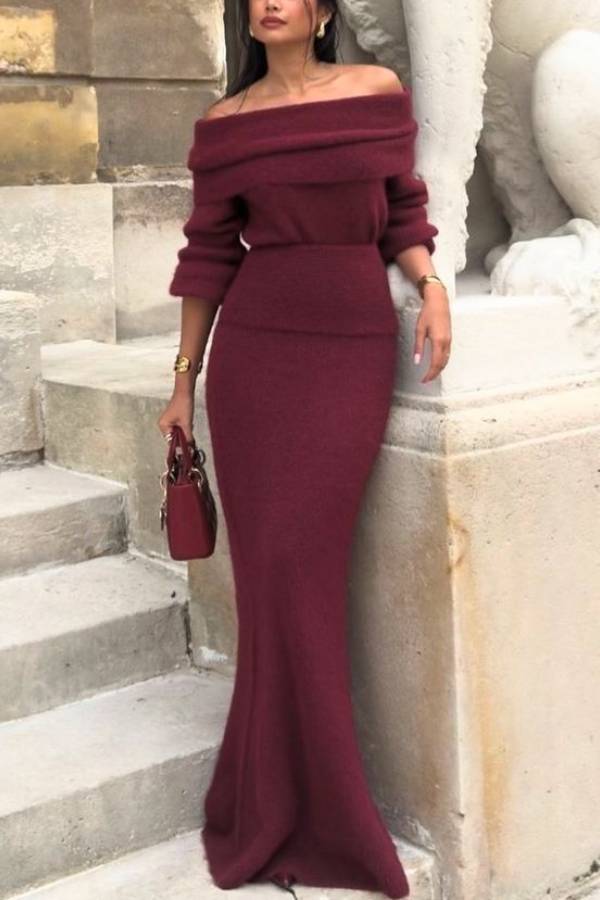 Charlotte Knit Ribbed Waist Fishtail Stretch Maxi Skirt