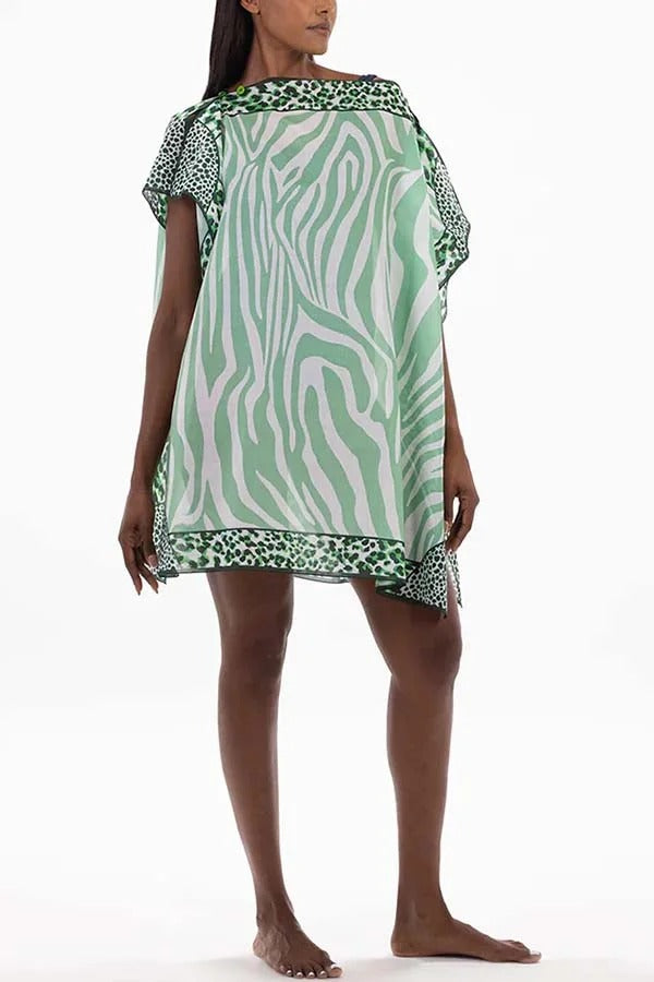 Leopard Mixed Zebra Unique Print One Shoulder Button Detail Loose Cover-up Mini Dress
