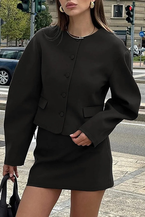 Button Up Wide Long Sleeve Jacket Solid Color Mini Skirt 2pcs Set-Black