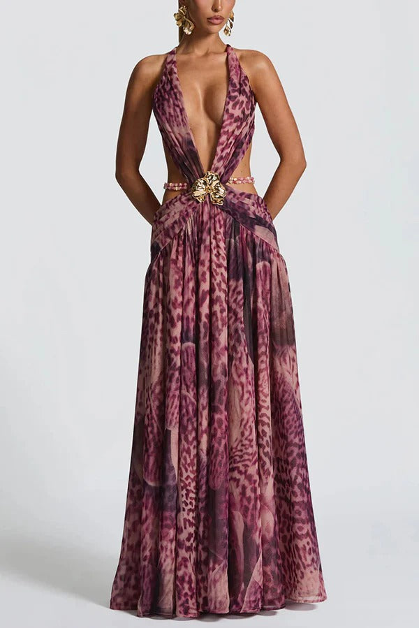 Kinara Leopard Print Deep V-neck Metal Flower Hollow Beads Detail Slit Maxi Dress
