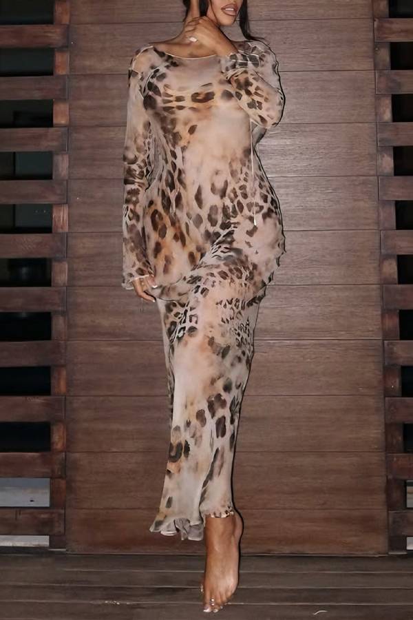Leopard Print Sheer Mesh Open Back Maxi Dress