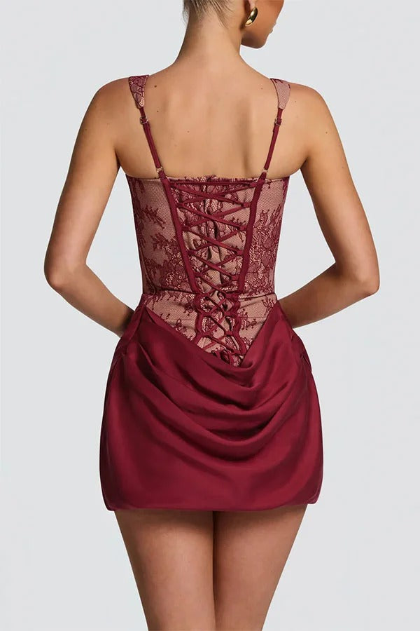 Cornelia Floral Lace Contrast Structural Detail Back Lace-up Satin Hem Mini Dress