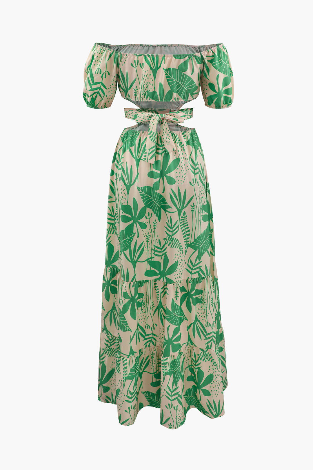 Schulterfreies Maxikleid mit Blumenmuster und Bindeband hinten 